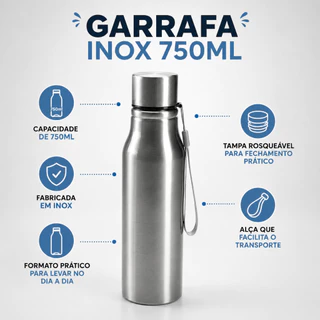 Garrafa Aço Inox 750ml Com Tampa Alça Para Academia Dia a Dia