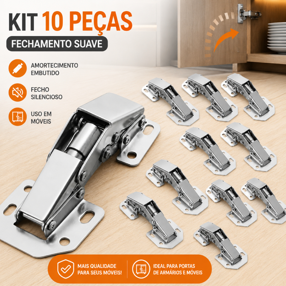 Kit 10 dobradiças de armário de 90 graus com amortecimento hidráulico
