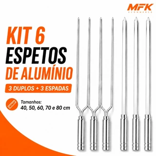 Kit 6 Espetos Alumínio Para Churrasco 3 Duplos 3 Espadas 40 50 60 70 80cm Churrasqueira