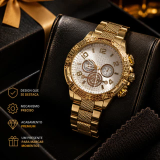 Relógio Masculino de Pulso Luxo Casual Dourado Prata Elegante Analógico Relogio Dia Dos Pais Presente