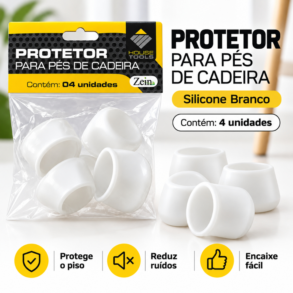 Protetor para Pés de Cadeira Silicone Branco Zein 4 Unidades Anti Risco e Redutor de Ruído