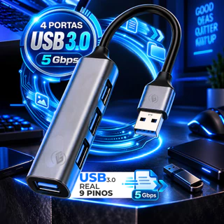 Hub Usb 4 Porta Usb 3.0 Cabo Switch Adaptador 5 gbps Compativel Macbook PC Gamer Notebook Alumínio