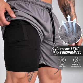 Kit 2 Shorts Masculino 2 em 1 M ao G3 com Compressão, Bolso interno para Celular e Tecido Dry FIt