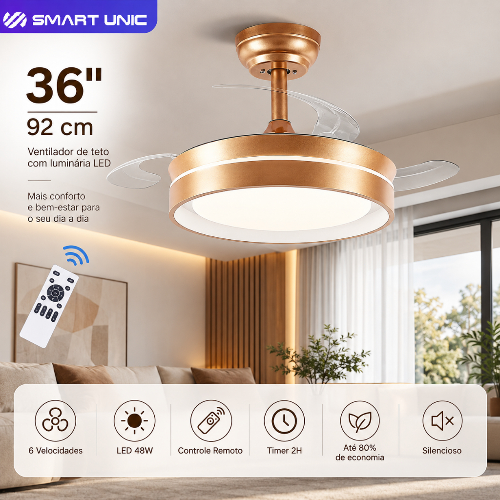 Smart Unic Ventilador De Teto LED Dourado 36