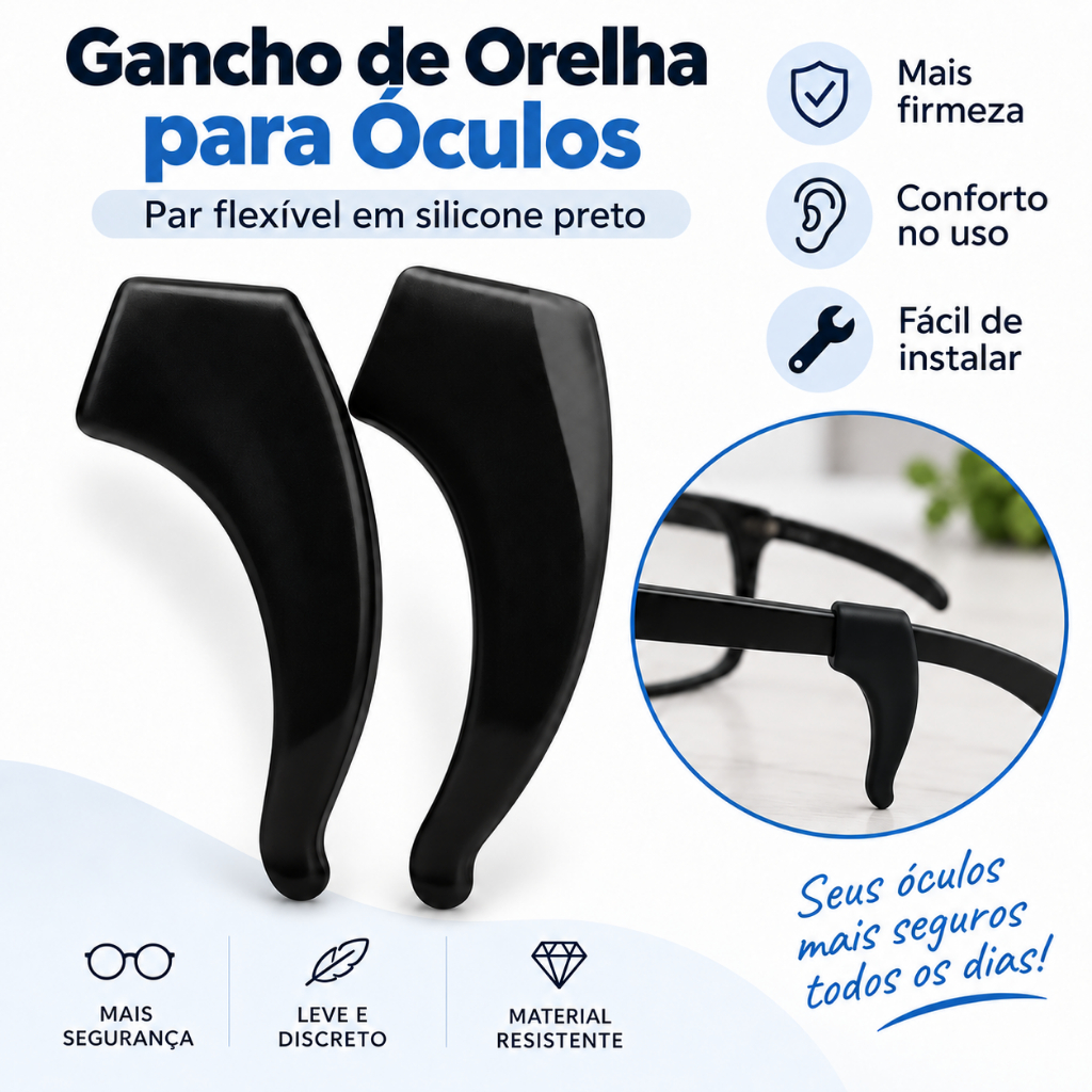 Par de Ganchos de Orelha para Óculos Silicone Preto Flexível Antideslizante 2 Unidades