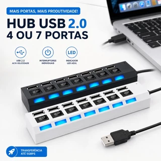 Hub USB 2.0 Adaptador 4/7 Portas Interruptor LED Liga/Desliga para Notebook e PC Desktop