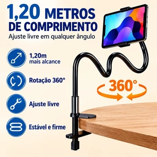 Suporte Celular Tablet com Grampo de Mesa Braço Flexível 120cm Pescoço de Ganso 360° Ajustável