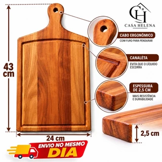 Tábua de Corte para Churrasco em Eucalipto Maciço 43x24cm, 2,5cm de Espessura com Cabo Resistente