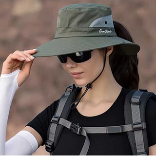 CHAPÉU FEMININO PROTEÇÃO SOLAR UV ABA LARGA REGULÁVEL, TECIDO DRYFIT ABERTURA P RABO DE CAVALO, AUSTRALIANO, RESPIRÁVEL