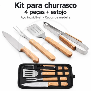 Kit Churrasco 2 ou 4 Peças Aço Inox Cabo de Madeira com Estojo Portátil Faca Garfo Utensílios Churrasco Camping Presente