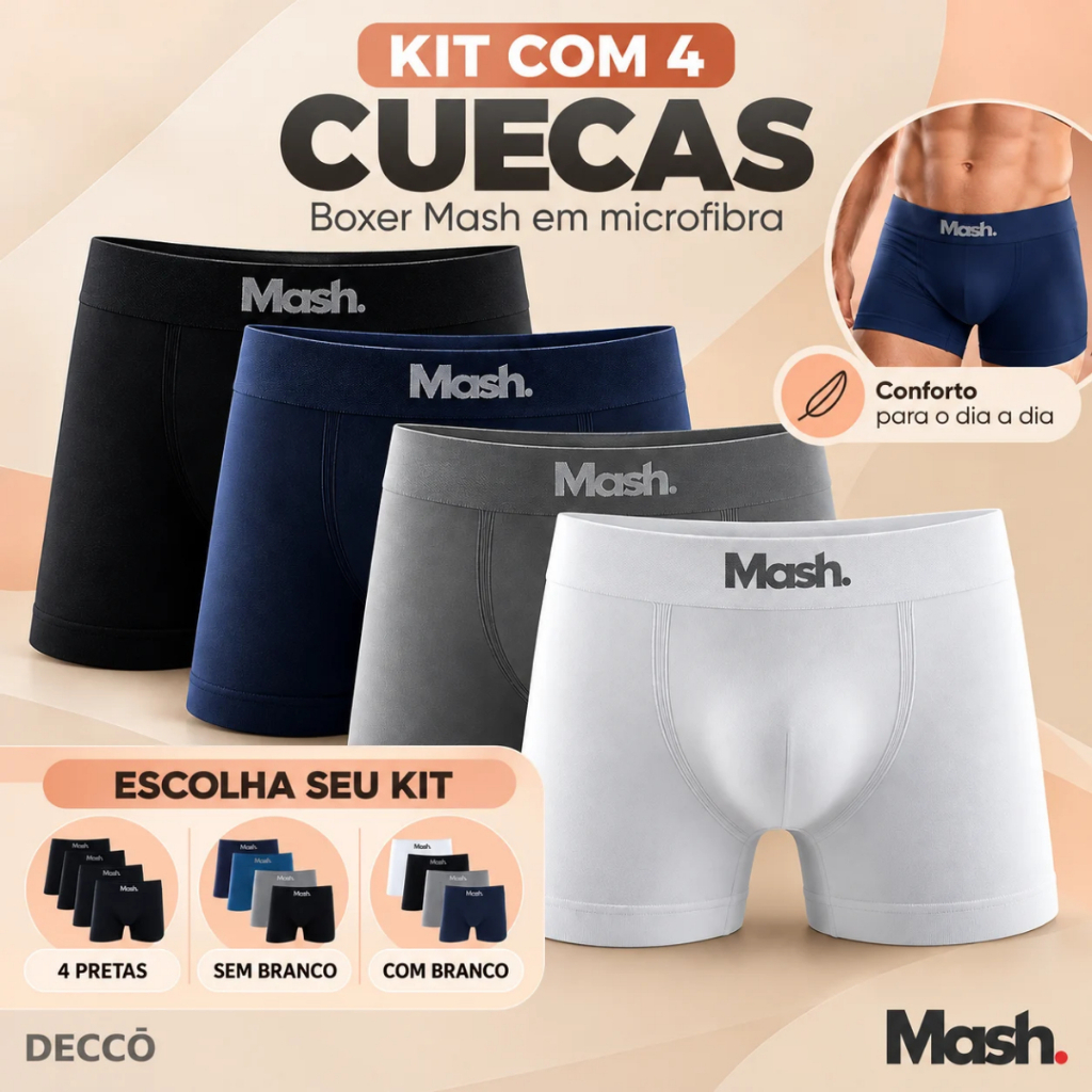 Kit 4 Cuecas Boxer Mash Sem Costura Microfibra Toque Suave Conforto
