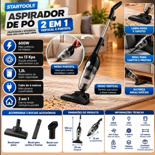 Aspirador de Pó Vertical Portátil 2 em 1 600W 110V Com Fio 1,2L Startools