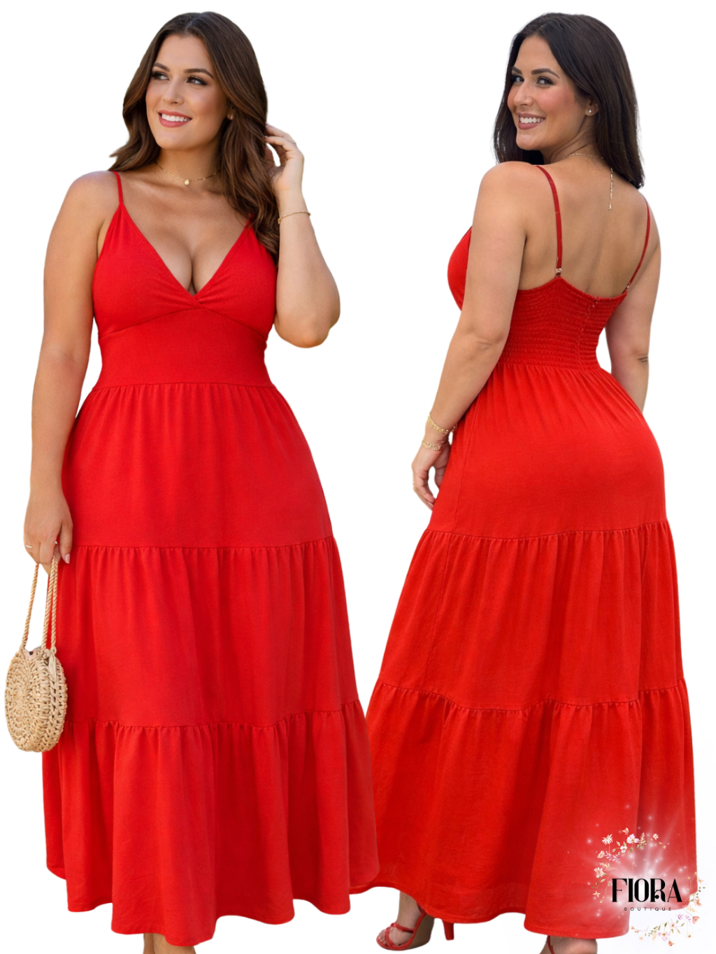 Vestido Longo Feminino Adulto do 36 ao 54 Plus Size Duna Com Bojo Decotado Alça Ajustável VERMELHO