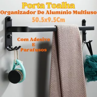 Organizador De Alumínio Multiuso Porta Toalha Suporte Toalheiro Banheiro Com Adesivo 50.5x9.5 Preto em Oferta na Shopee