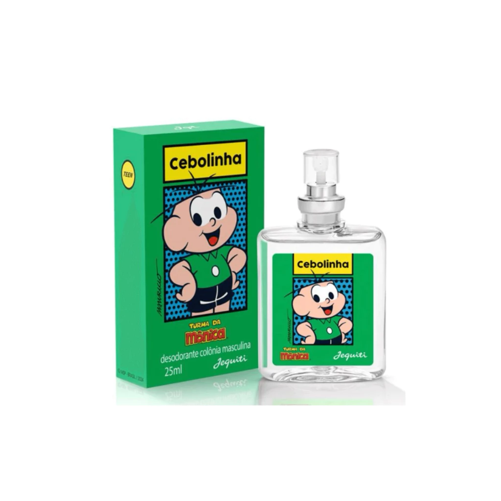 Embalagem do desodorante colônia Cebolinha Jequiti ao lado do frasco de perfume de 25ml