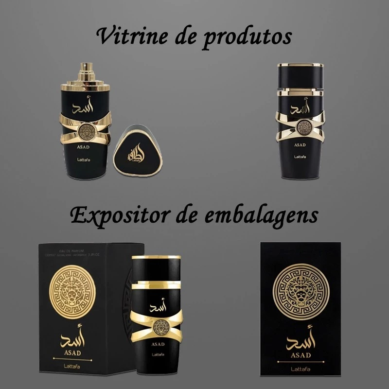 Vitrine de produtos mostrando o frasco aberto, fechado e a caixa preta com detalhes dourados do perfume Lattafa Asad