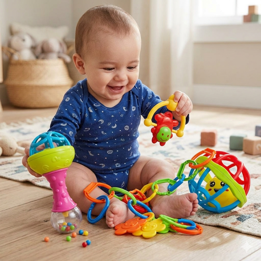 Kit 8 peças Mordedor para Bebe Sensorial Macio com Chocalho ...