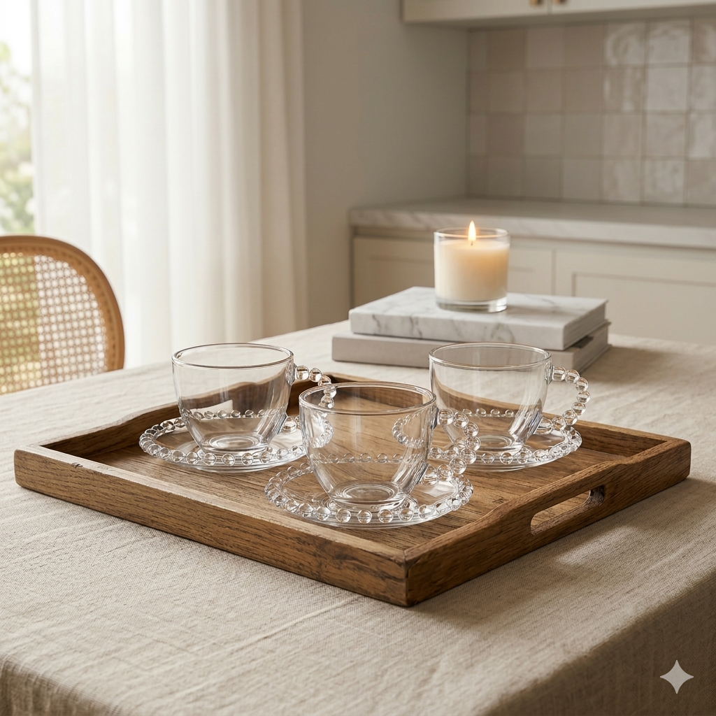 Jogo Xícara de Vidro 220ml com Pires 12 Peças Xícara Café Elegante Bolinhas Pérola