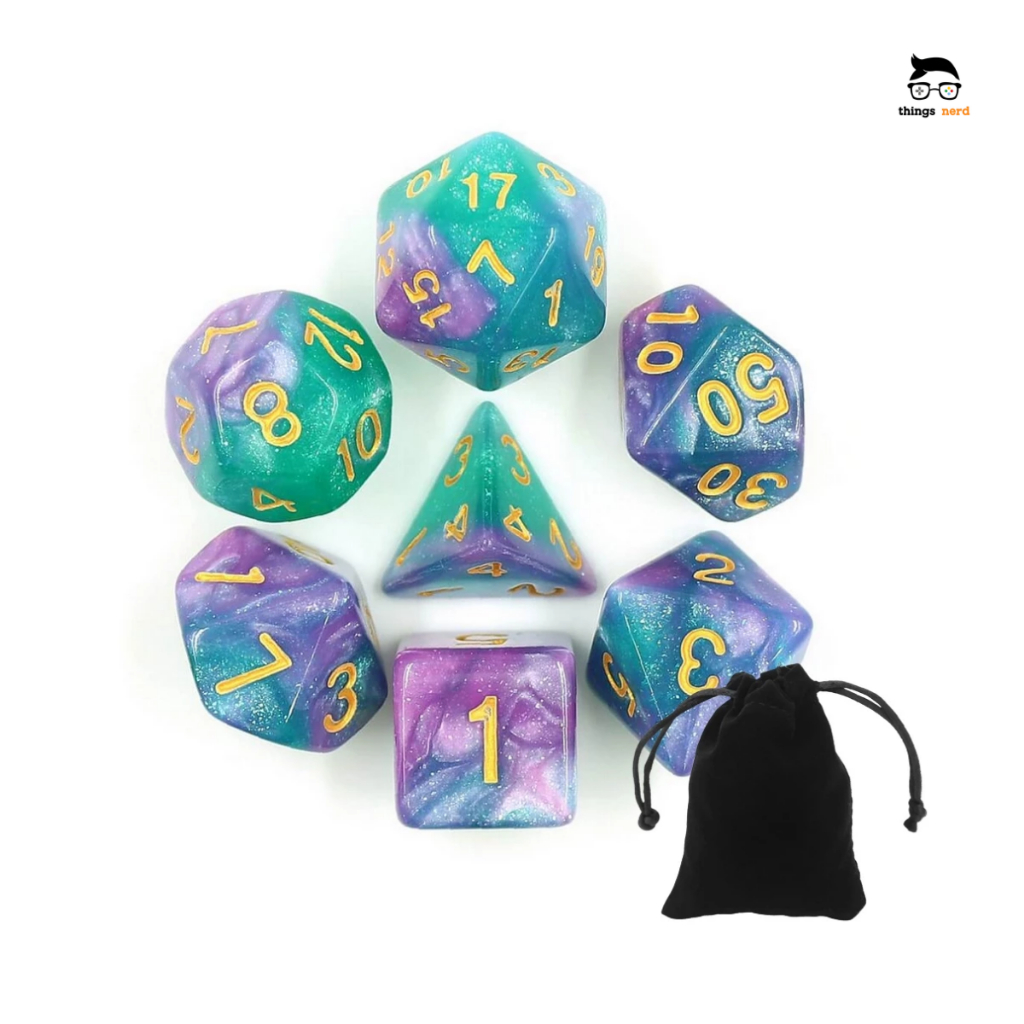 Set De 7 Dés Transparents Pour Donjons Et Dragons – D4, D6, D8, D10, D12, D20 – Violet – Cadeau Joueur