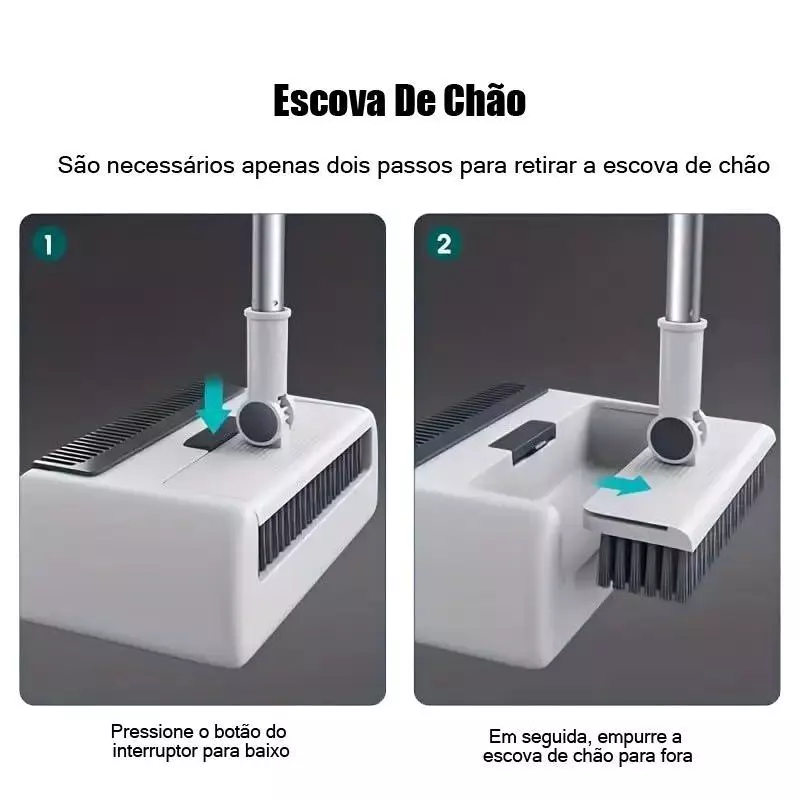 Passo a passo ilustrado mostrando como pressionar o botão para liberar a escova