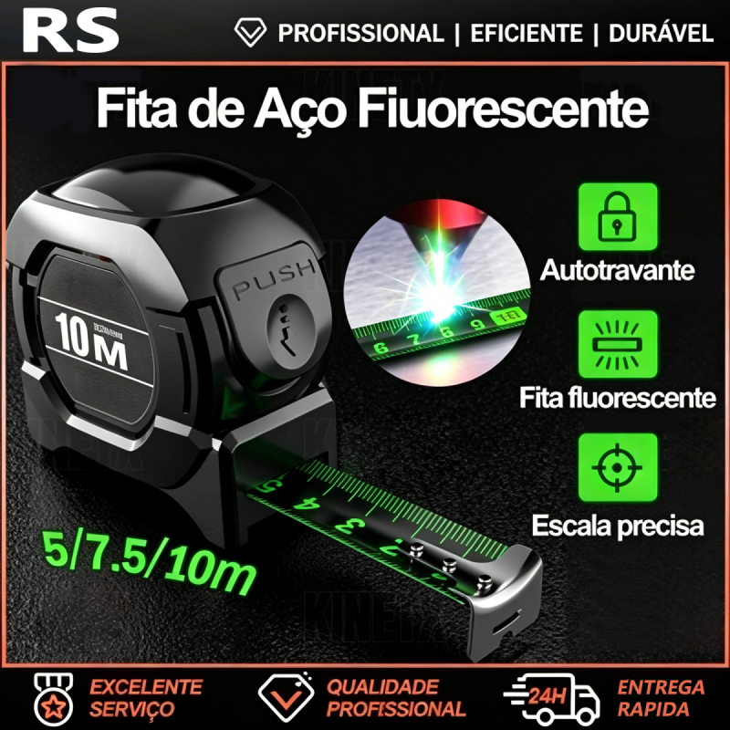 Fita Métrica Aço Inoxidável 5/7.5/10m carbono De Alta Precisão trena Profissional Fluorescente Trava