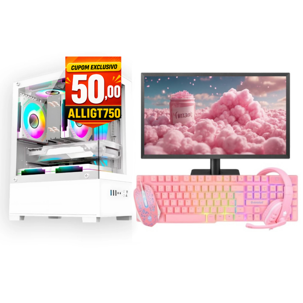 PC Gamer Branco/Rosa Completo Intel i5 Memoria Ram 16GB GTX 750