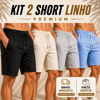Kit 2 Shorts Masculino Linho Premium Mauricinho Confortável Com Bolso Embutido Verão