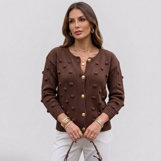 Casaco De Frio Luxo Com Detalhes e Botões De Tricot Tendência 2025 Blusa de frio feminina — foto 7 — Achou Levou Brasil