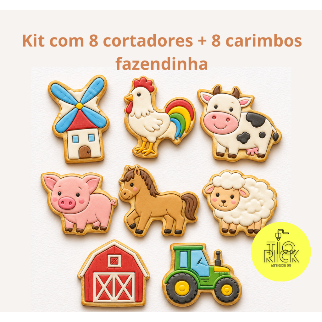 kit com 8 cortador de biscoito com marcador, no tema fazendi