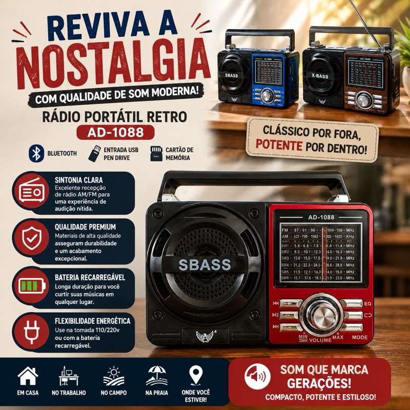 📻🔥 Rádio Portátil Retro AD-1088 – Nostalgia com Tecnologia Moderna! 🔥📻 ...
