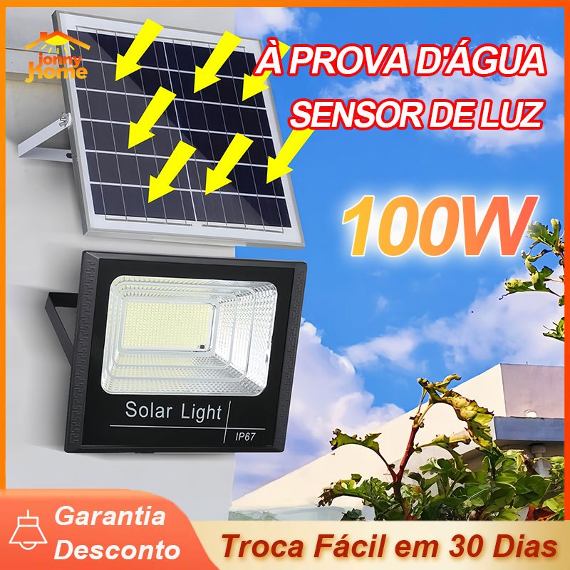Luz Refletor Solar Placa 100w Holofote Led IP67 Prova Dágua- Iluminação Externa Eficiente e Sustentá