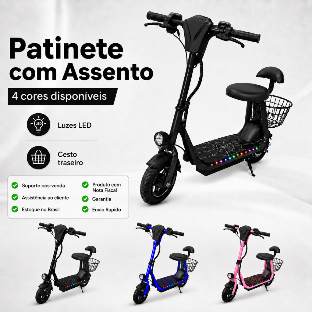 Patinete Elétrico Suporta ate 80kg Infantil 250W Mini Scooter Bluetooth LED Colorido Freio Farol Cesto