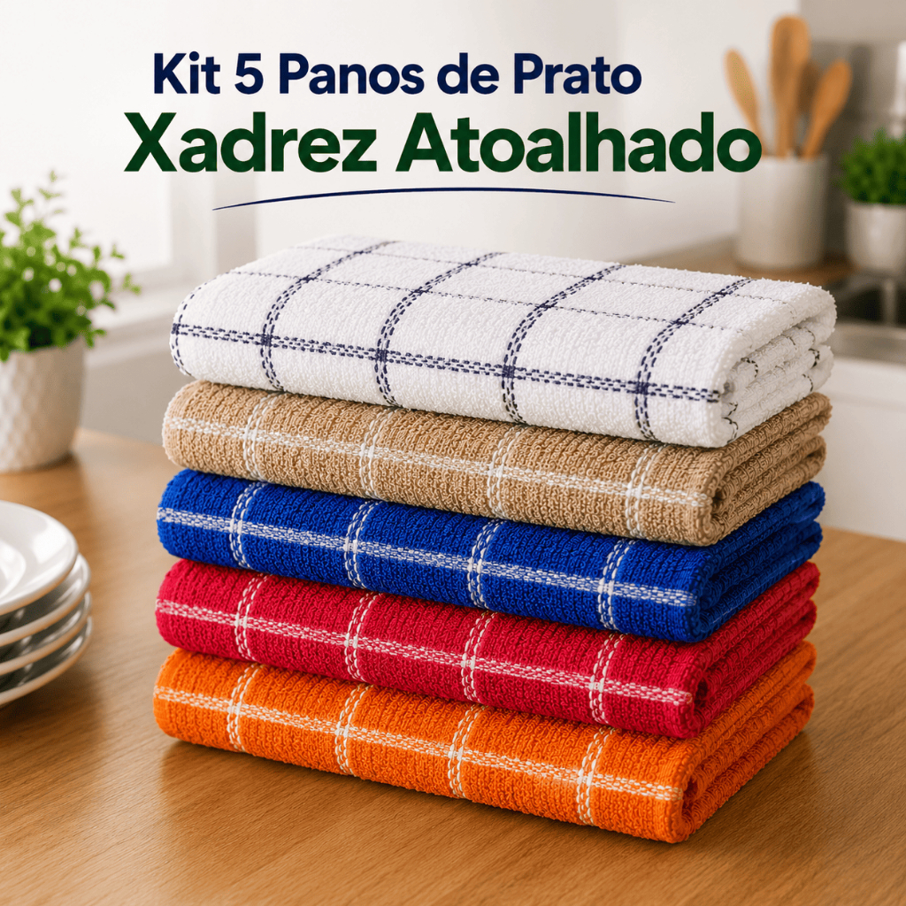 Jogo 5 Panos de Prato Xadrez Cozinha Vintage Bainha Reforçada Morderna
