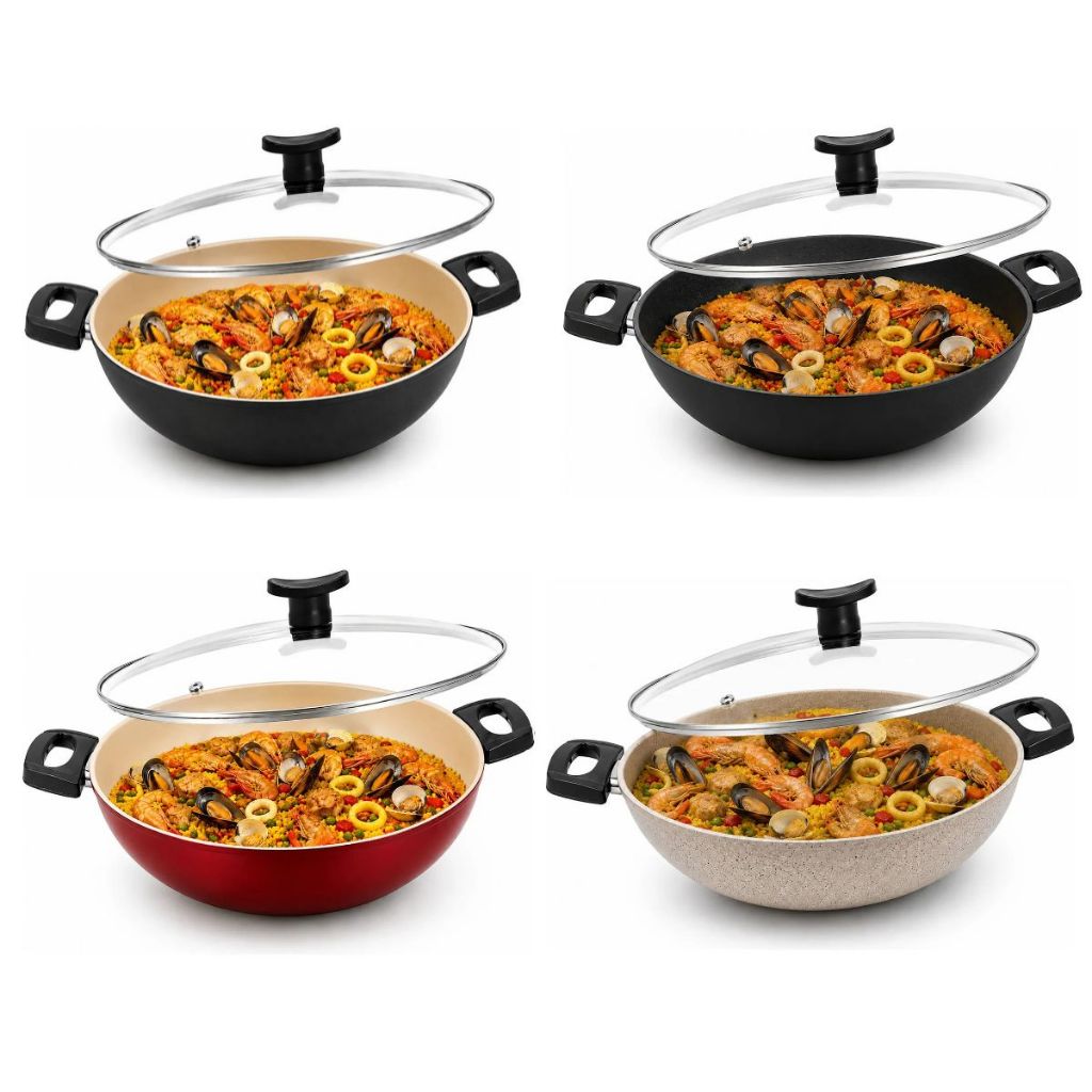 Frigideira Wok com Tampa 30cm Grande Alta Antiaderente Teflon de Vidro Caçarola paella paelleira