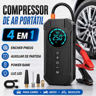 Bomba De Ar Portátil 4 Em 1 Power Bank 8000mAh + Auxiliar De Partida Inflador Digital 12V Carro Moto Bicicleta Pneus