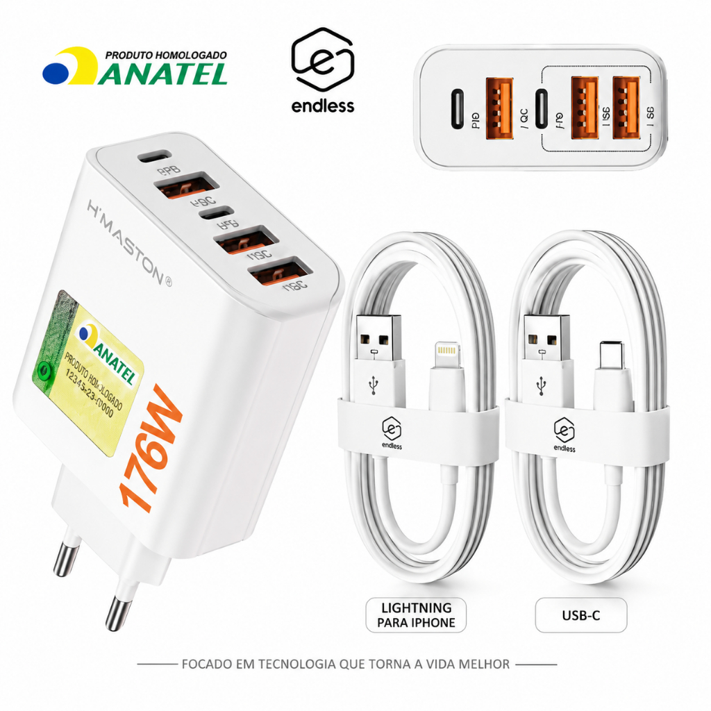 Carregador 5 Em 1 Turbo com 3 USB-A+ 2 USB-C + Cabo lightning ou Tipo C ...