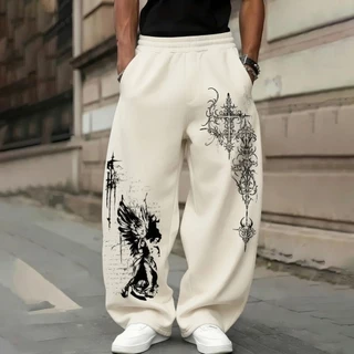 Calça Wide Leg Masculina Estampada Com Estampa Estilosa de Cruz Pássaro Escritas Streetwear Roupa de Rua Hip-hop