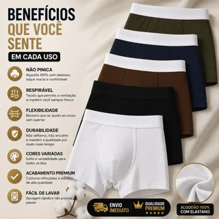 Kit 5 Cuecas Boxer Algodão Premium com Elastano, não pinica, não desbota