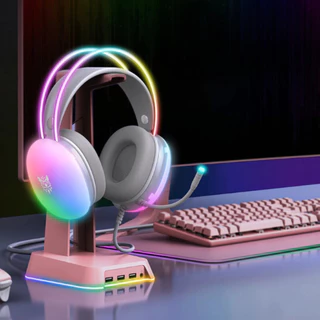 Headset Gamer Branco Rosa RGB 50mm Com Microfone Redução de Ruído PC PS4 Xbox