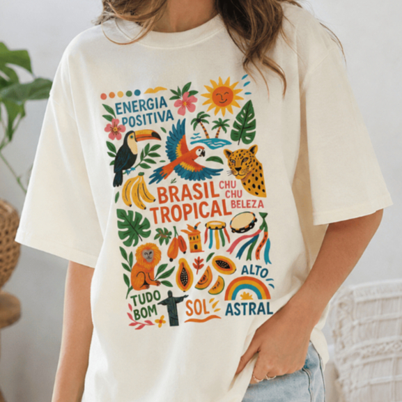 Camiseta Oversized Feminina Tshirt Básica 100% Algodão Blusa Casual Academia Confortável Brasil Trop