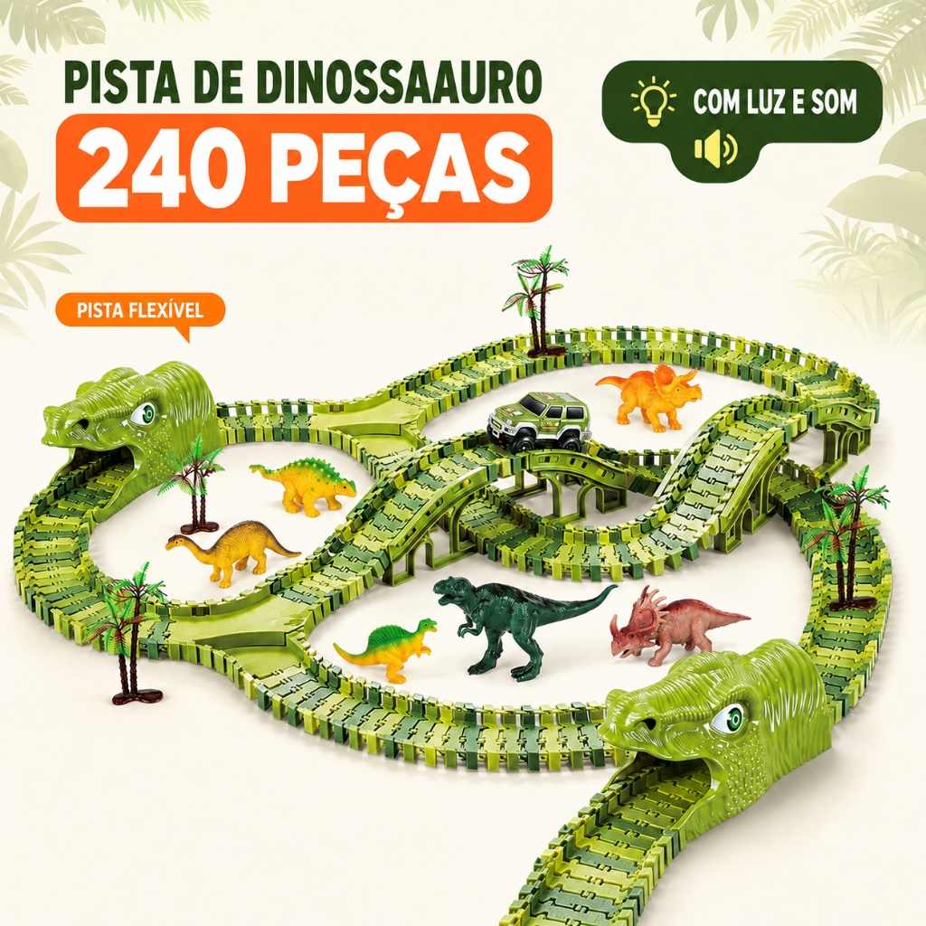 Pista de Carrinhos Dinossauro 240 Peças com Luz e Som Brinquedo Infantil de Montar