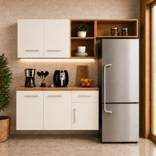 Armário de Cozinha Kit Aéreo e Balcão Compacta Freijó Off-White Nicho ...