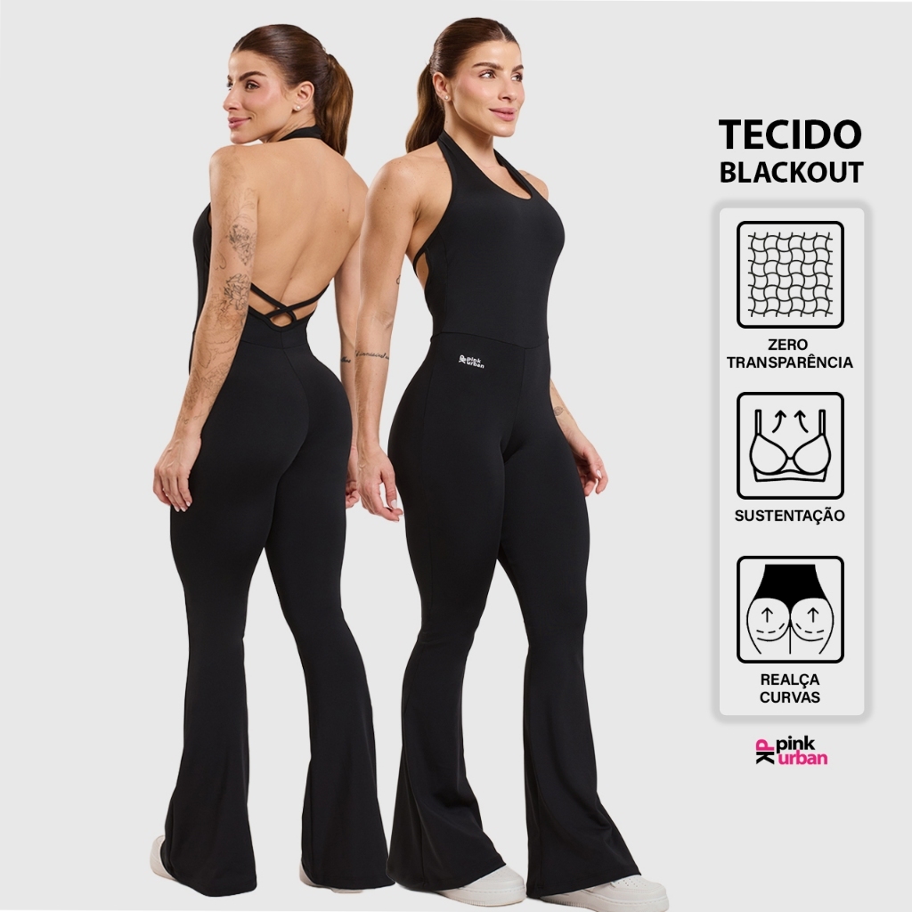 Macacão Fitness Feminino Flare Costa Nua Trançado Decote U Frente Única Blackout