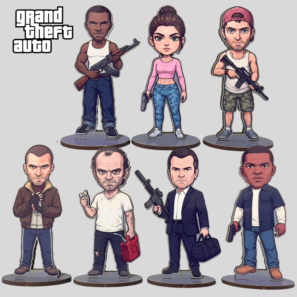 Totem GTA – Jason, Lucia, CJ, Trevor, Franklin, Michael e Niko – Decoração Gamer para Setup