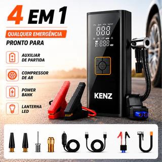 Bomba de Ar Portátil 4 em 1 para Carro Moto Auxiliar de Partida Compressor de Ar Power Bank Lanterna LED 10000mah 150PSI