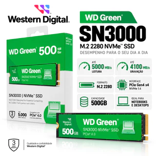 SSD M.2 500GB WD Green SN3000 NVMe PCIe Gen4 Leitura 5000MB/s Gravação 4100MB/s WDS500G4G0E