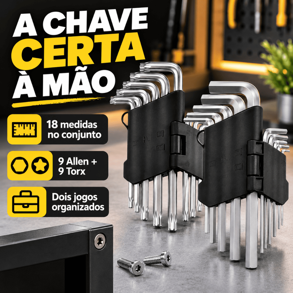 Jogo Chave Allen e Torx 18 Peças Kit Chaves Curta T10 a T50 Allen 1,5 a 10mm com Suportes