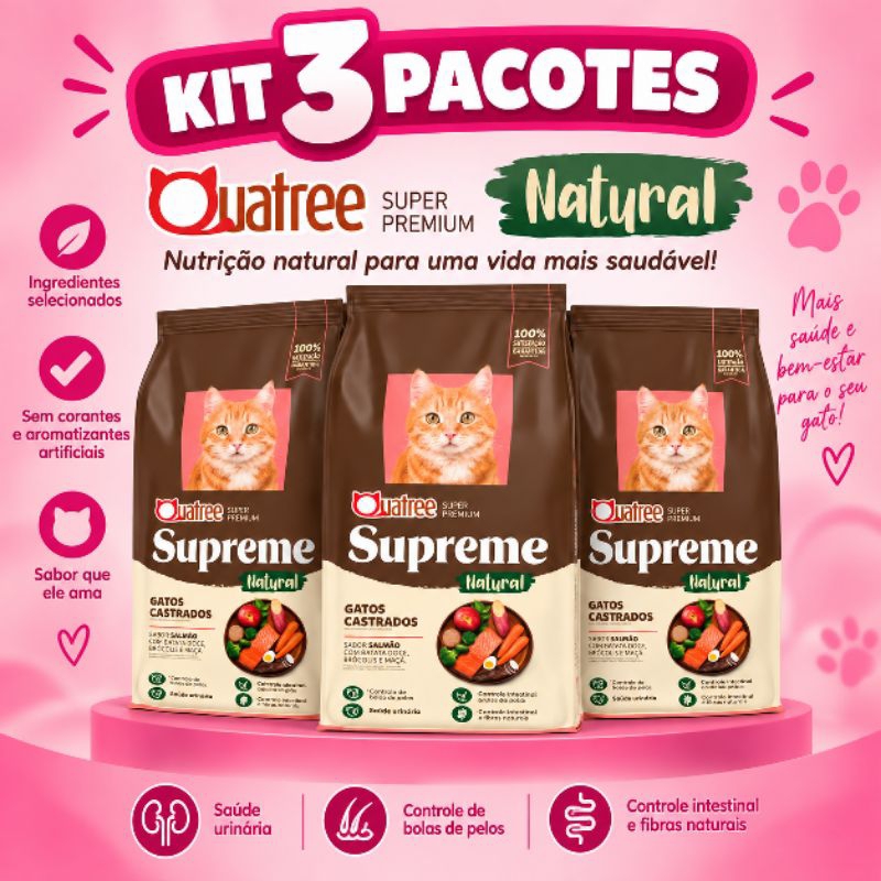 KIT 3KG Quatree Supreme gatos castrado ração super premium natural ...