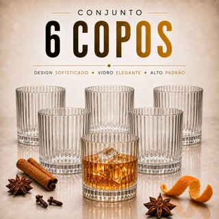 Jogo 6 Copos De Whisky 340ml Vidro Cristal Drinkes Bebidas Uisque Bar Cristal Vidro Baixo Canelado Resistente