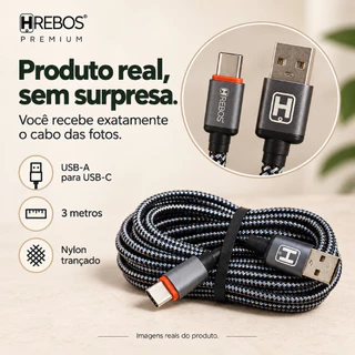 Cabo USB Tipo C 3 Metros Longo Reforçado Nylon Carga Rápida Turbo Dados para Android USB-C